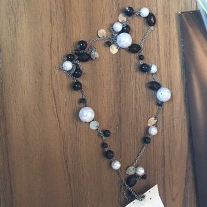 Long necklace Black, pearl and silver